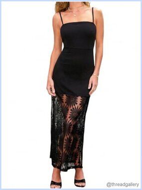 Sheer Lace Overlay Bodycon Maxi Dress Spaghetti Strap Party